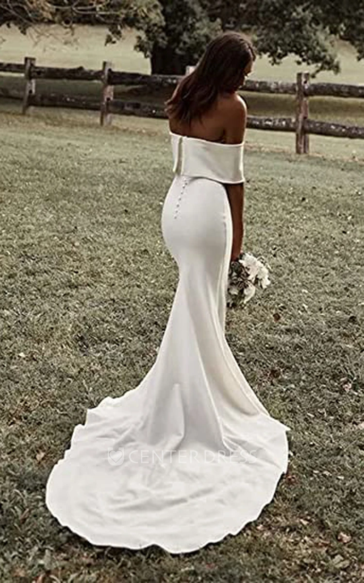 Satin Mermaid Wedding Dress with Off-the-shoulder Neckline and Short Sleeves Sexy Off-shoulder Satin Wedding Dress