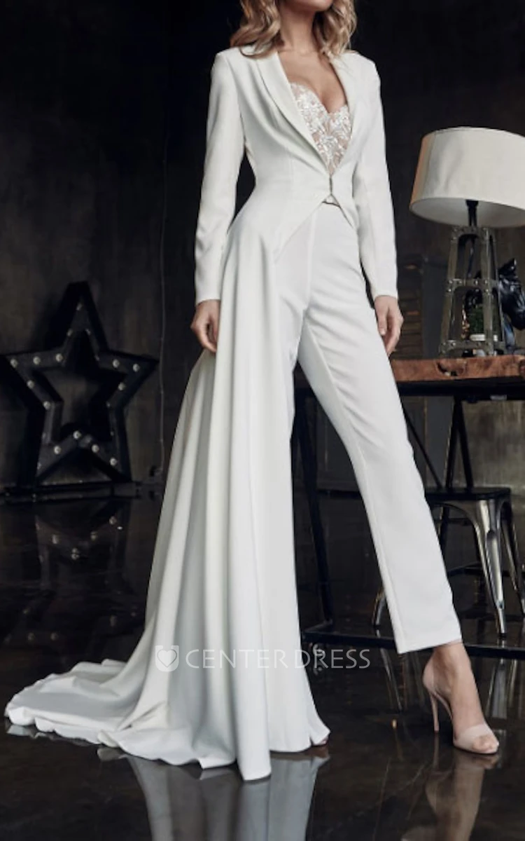 Sexy Satin Two Piece Wedding Jumpsuit Sweetheart Long Sleeves Western Dress