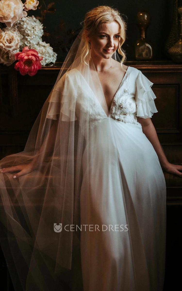 Sheath V-neck Elegant Bridal Dress Short Sleeve Chiffon White Sweep Train