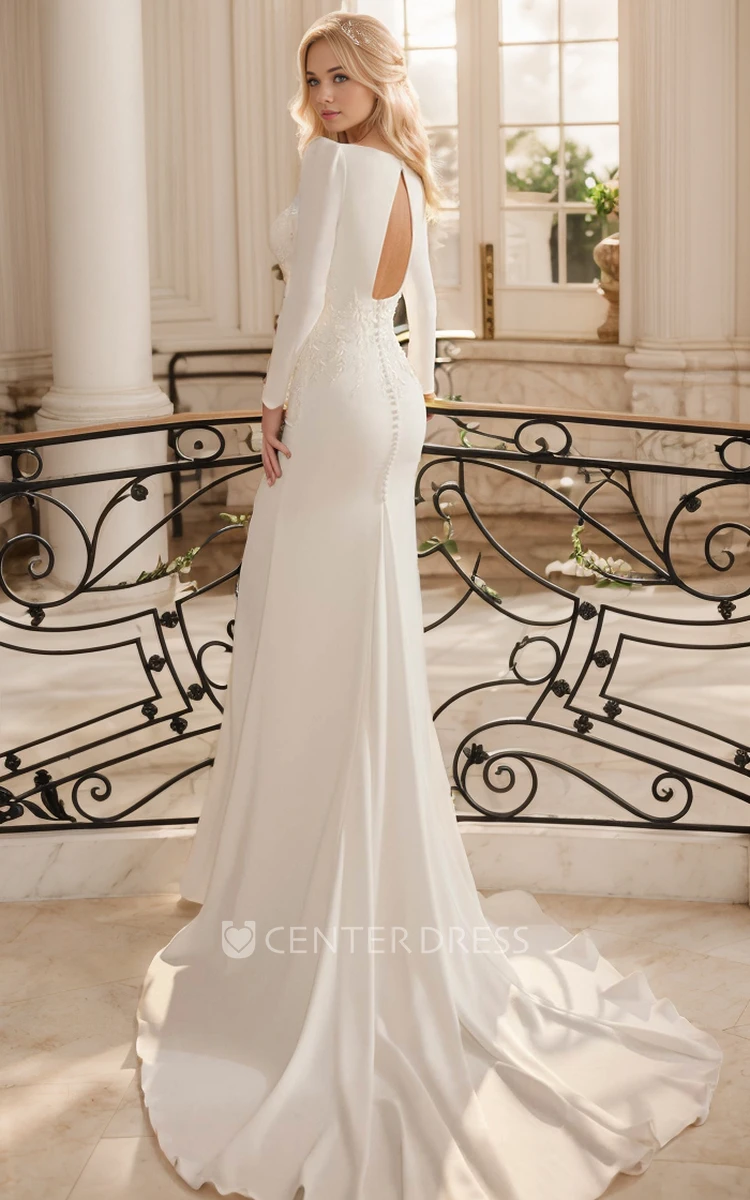 Elegant Vintage Mermaid Floor-length Jersey Wedding Dress Simple Solid Lace Appliques Square Neck Long Sleeve Button Back Court Bridal Gown