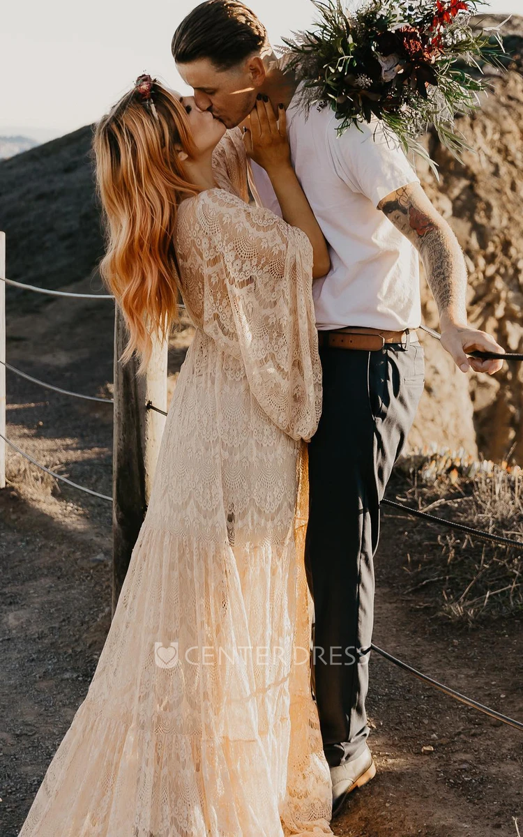 Romantic Lace Wedding Dress A-Line V-neck Illusion Back Long Sleeves Garden Sexy