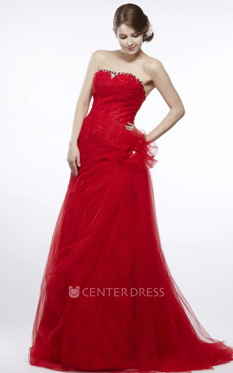A-Line Sleeveless Strapless Beaded Floor-Length Tulle&Lace Prom Dress With Ruffles And Flower