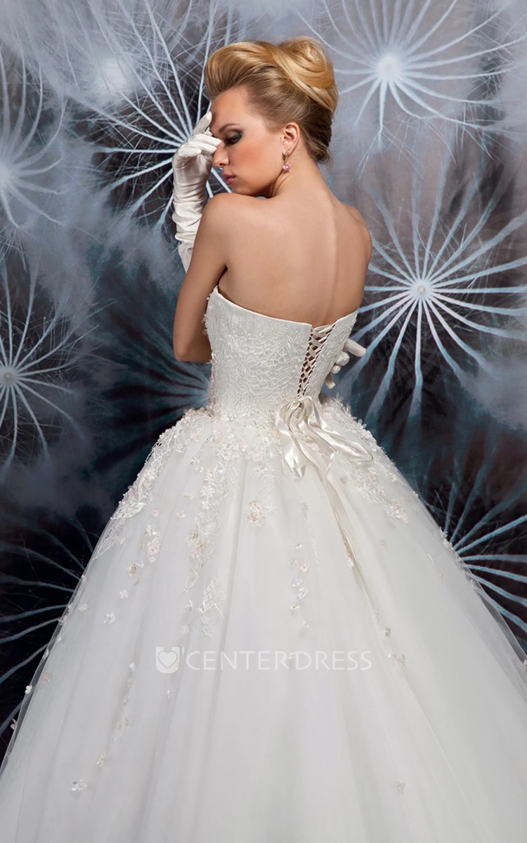 Long Strapless Appliqued Tulle Wedding Dress With Ribbon And Corset Back