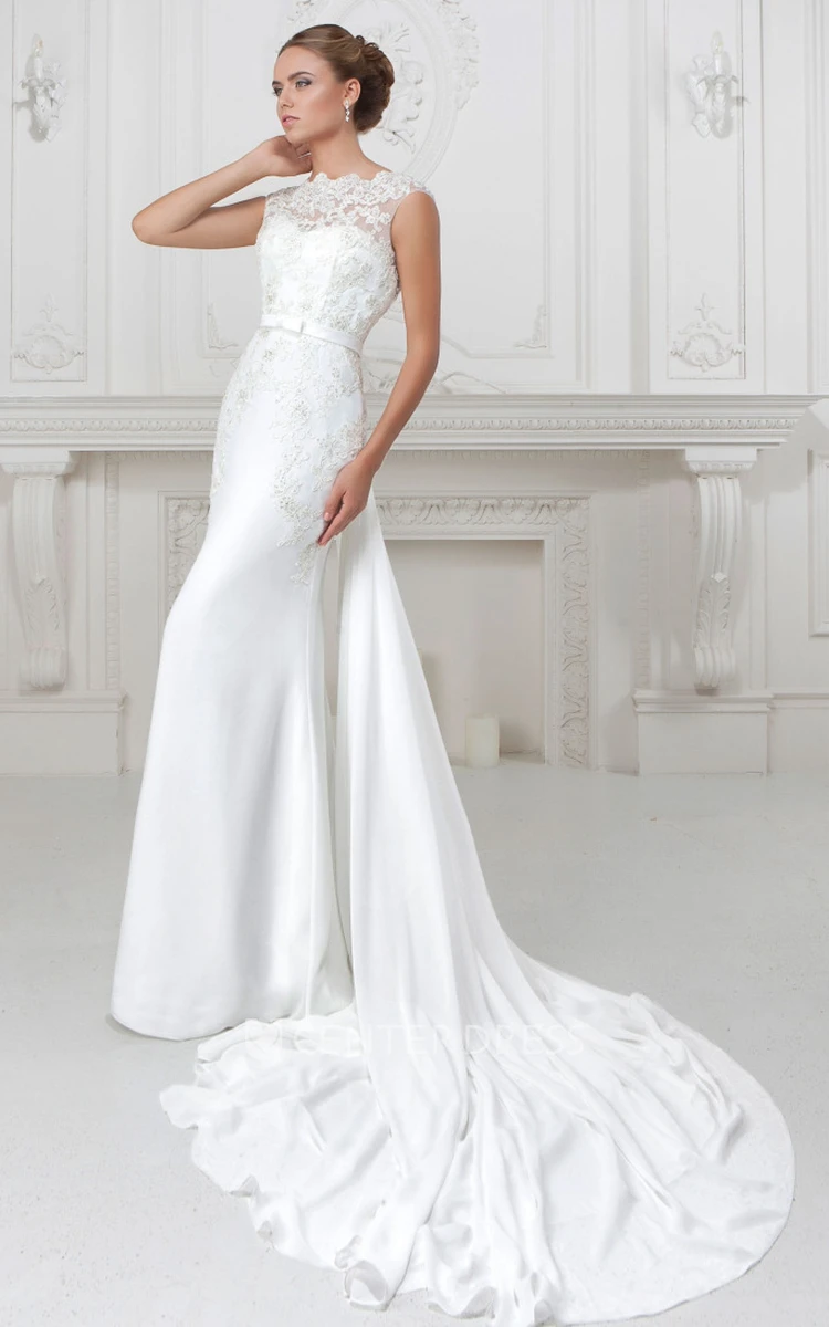 Sheath Cap-Sleeve Bateau-Neck Appliqued Long Satin Wedding Dress