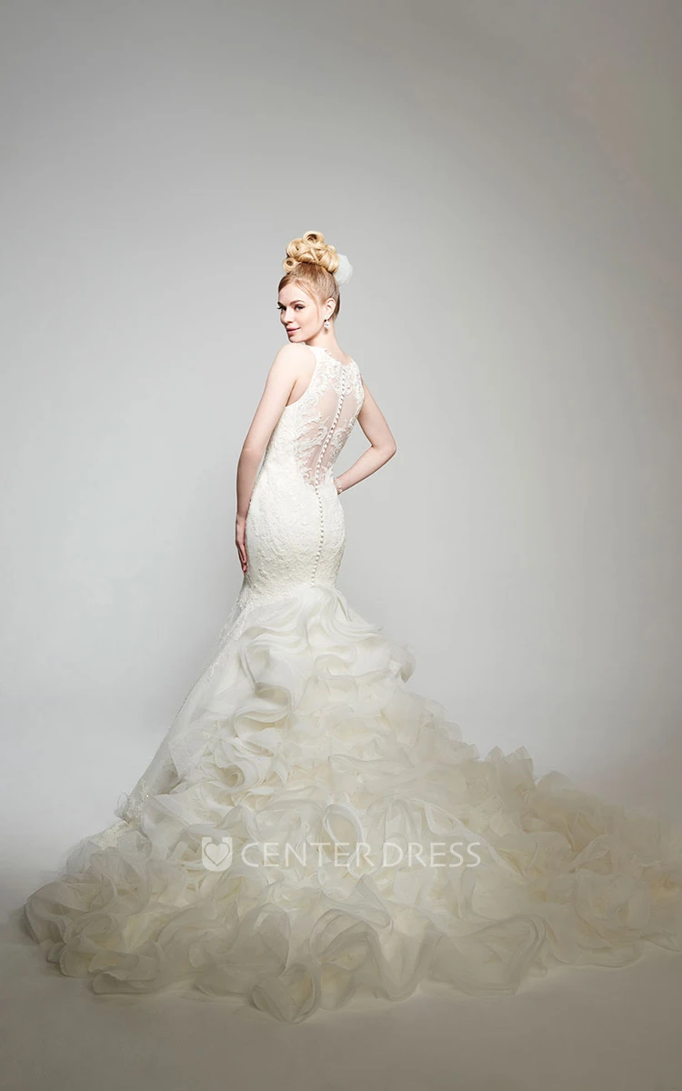 Mermaid Floor-Length Appliqued Sleeveless Jewel Lace Wedding Dress With Ruffles And Illusion Back
