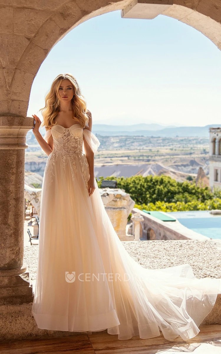 A-Line Off-the-shoulder Satin Lace Garden Wedding Dress with Zipper Appliques