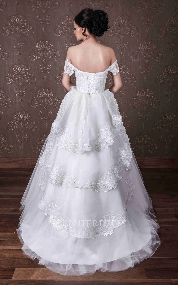 Ball Gown Tiered Off-The-Shoulder Tulle&Lace Wedding Dress With Lace Up