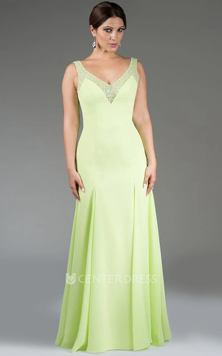 V Neck Chiffon Long Bridesmaid Dress With Sequined Straps And Neckline