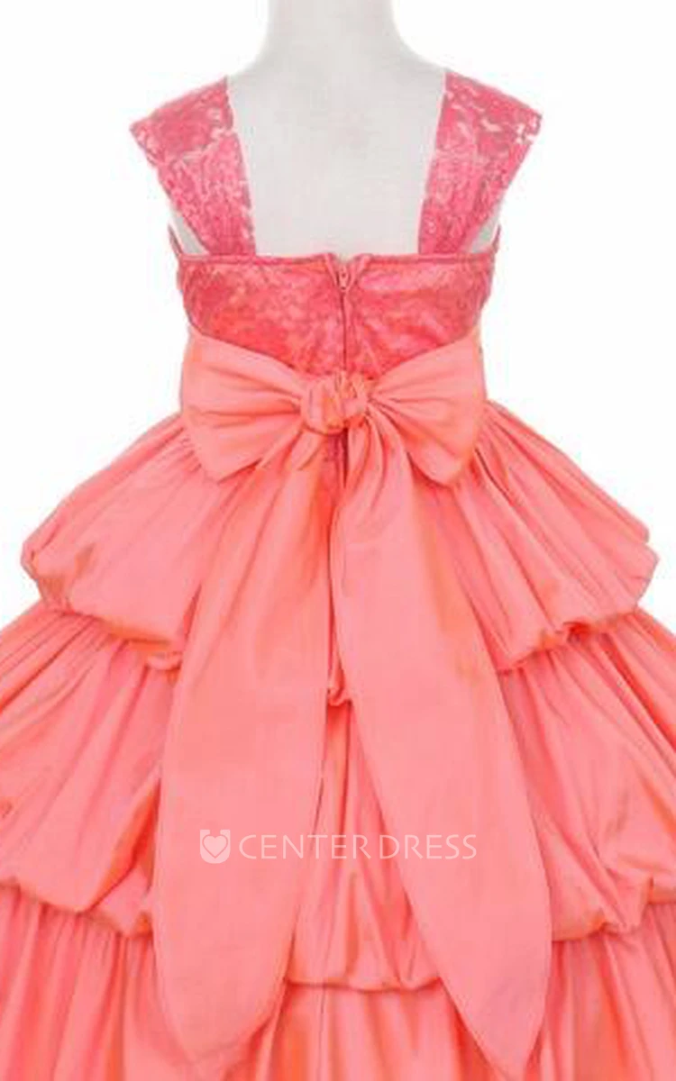 Ankle-Length Bowed Floral Lace&Taffeta Flower Girl Dress With Ribbon