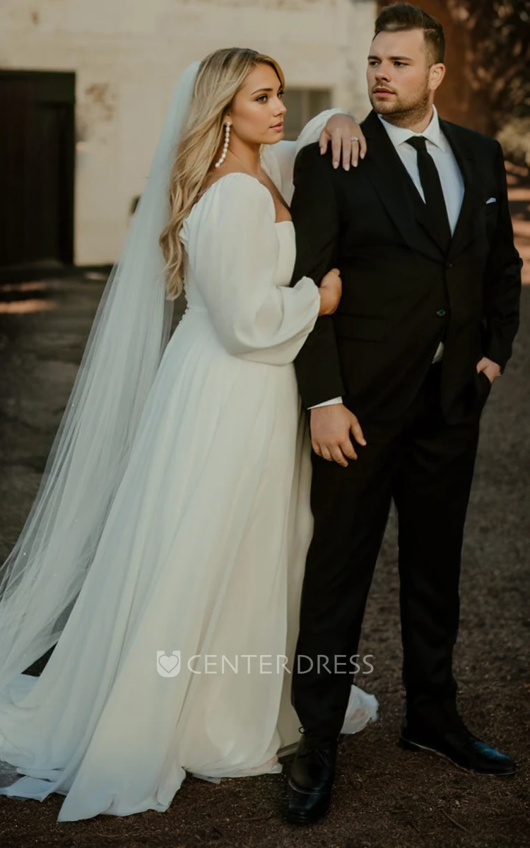 Modest Romantic A-Line Plus Size Spring Wedding Dress with Long Sleeve Simple Casual Charming Low Cut Square Neck Chiffon Train Bridal Gown