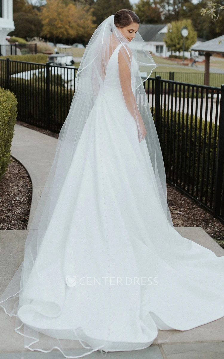 Romantic A-Line Satin Wedding Dress With Button Back And V-neck