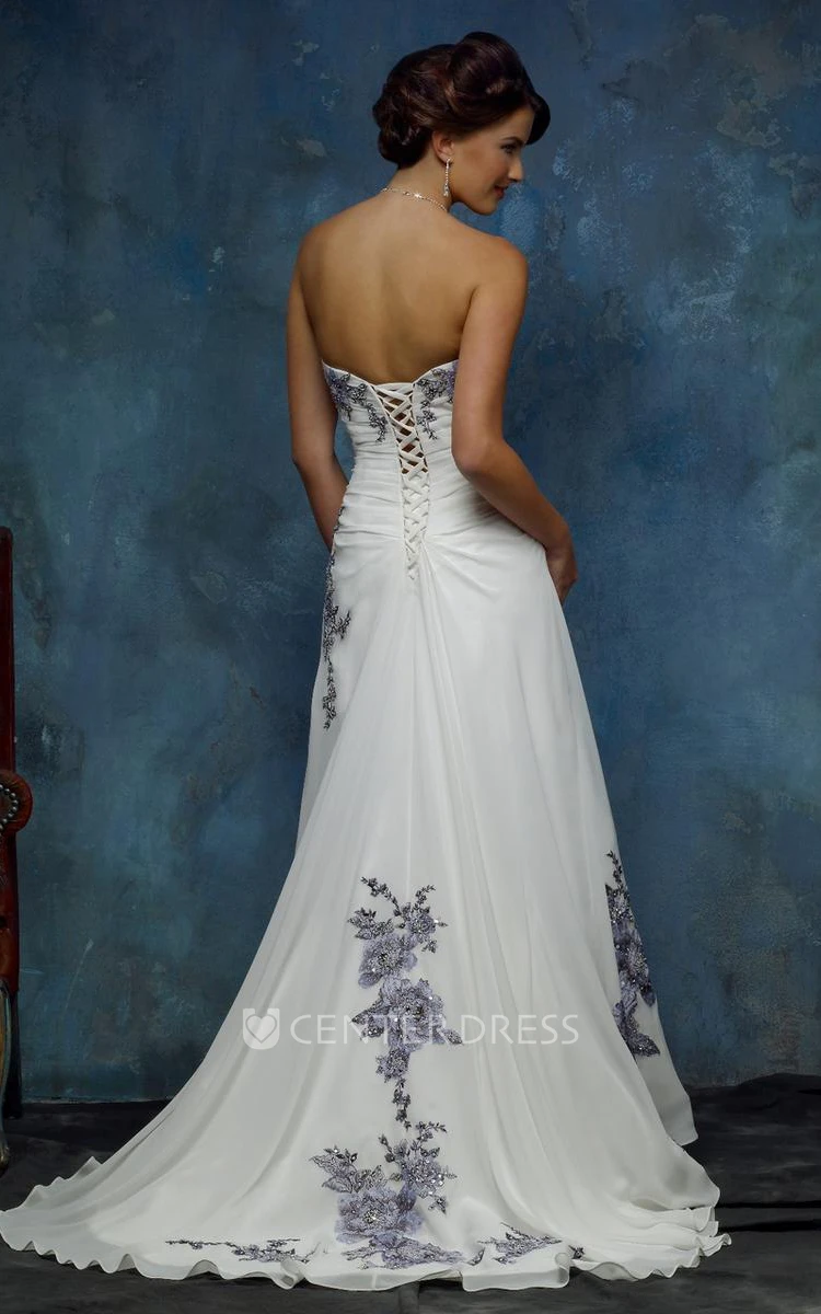 A-Line Sleeveless Floor-Length Side-Draped Strapless Chiffon Wedding Dress With Appliques And Corset Back