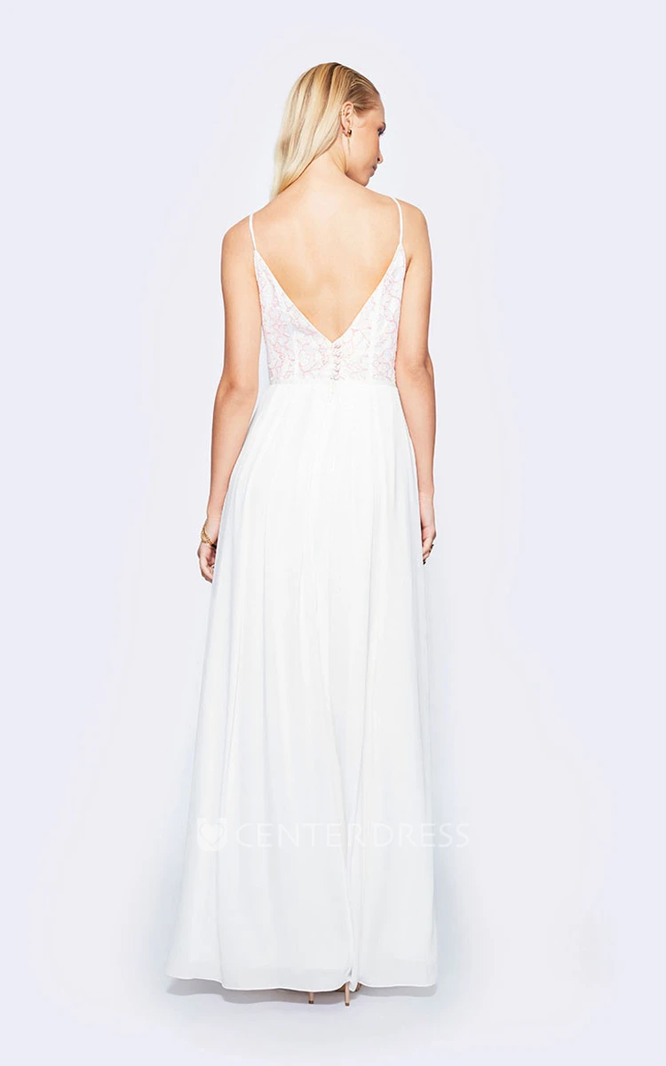 Spaghetti Ankle-Length Lace Chiffon Wedding Dress With V Back