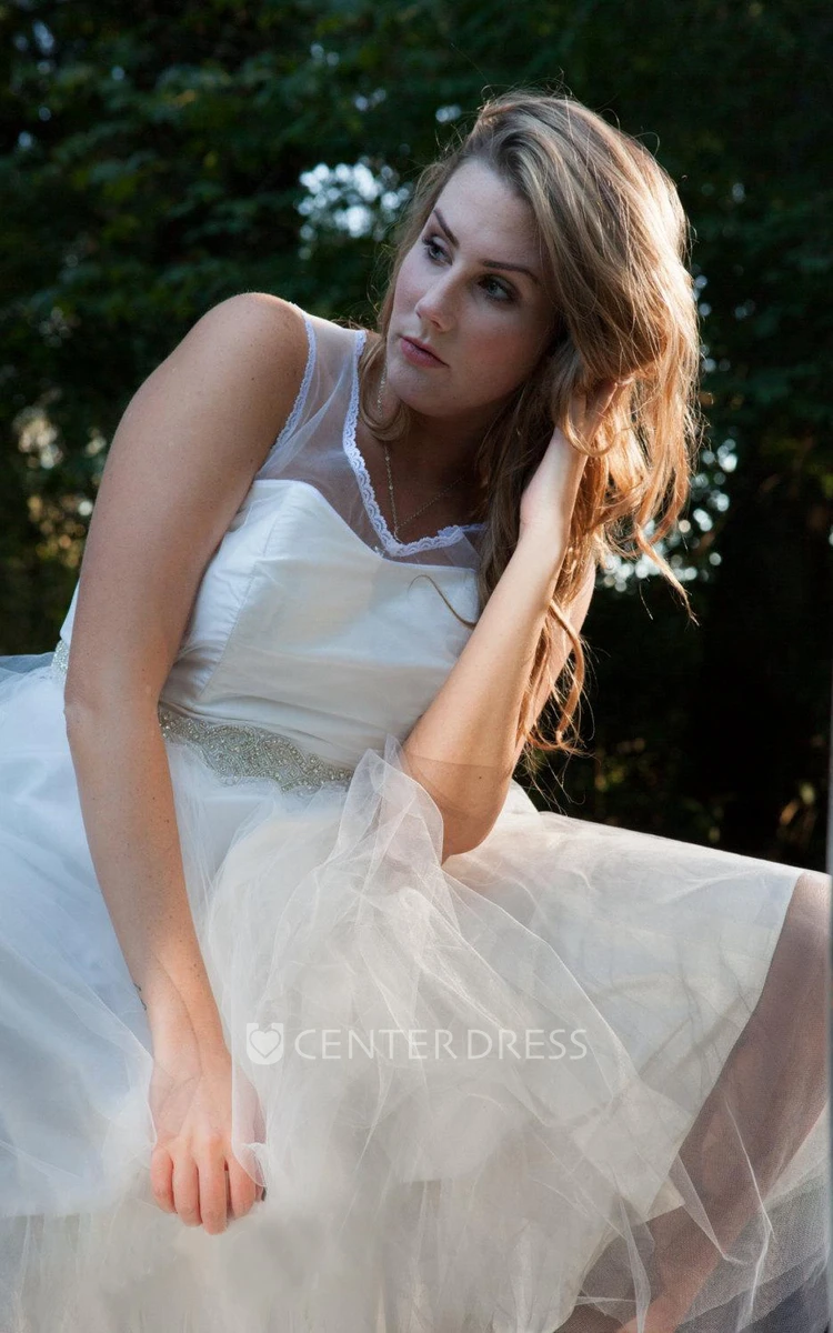 V-Neck Sleeveless Tulle Dress With Bow And Illusion Back