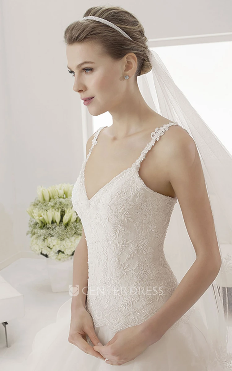 Appliqued Spaghetti Straps V Neck Layered Bridal Gown With Drop Waist