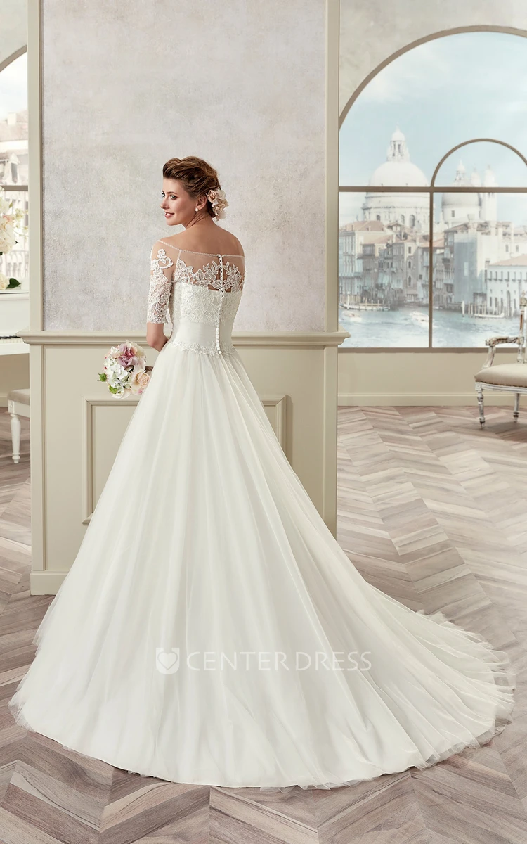 Half-Sleeve A-Line Bridal Gown With Off Shoulder And Pleated Skirt