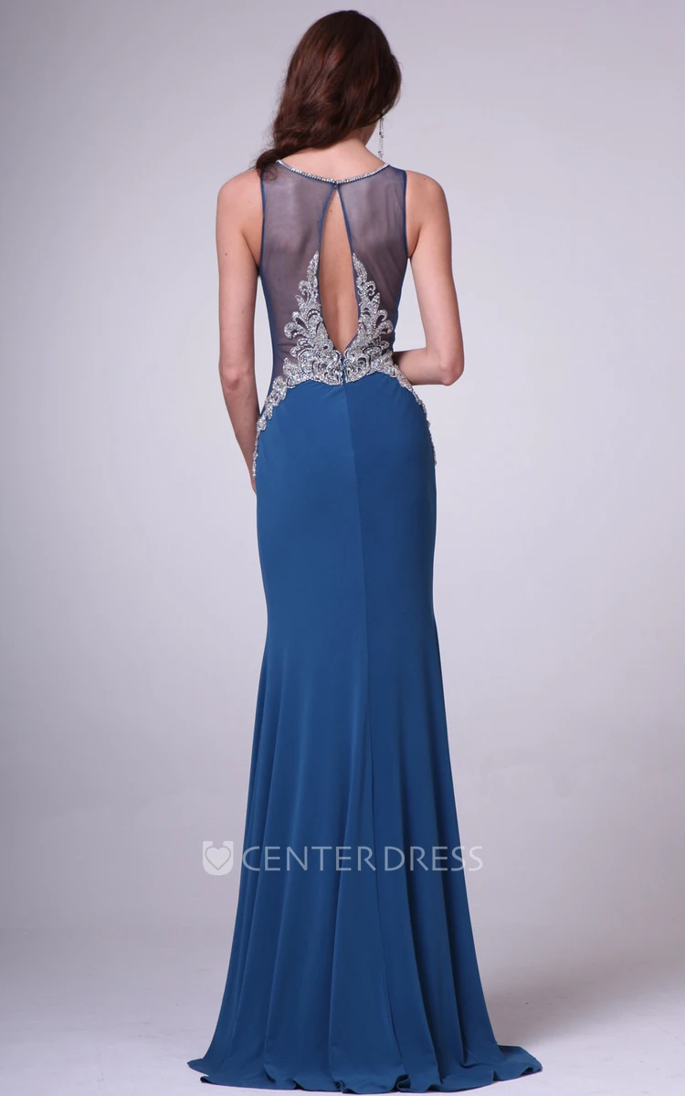 Sheath Long Scoop-Neck Sleeveless Jersey Illusion Dress With Beading And Pleats