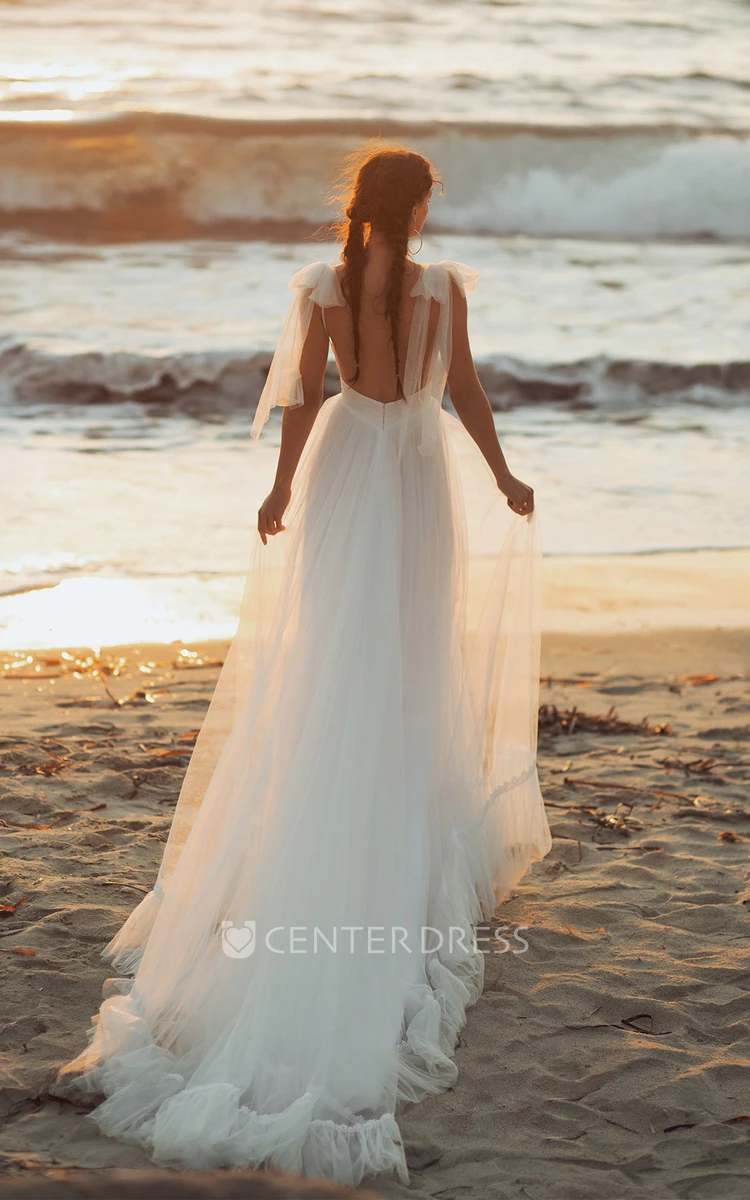 V-neck Romantic Straps Tulle Ethereal Beach Wedding Dress with Chapel Train Backless