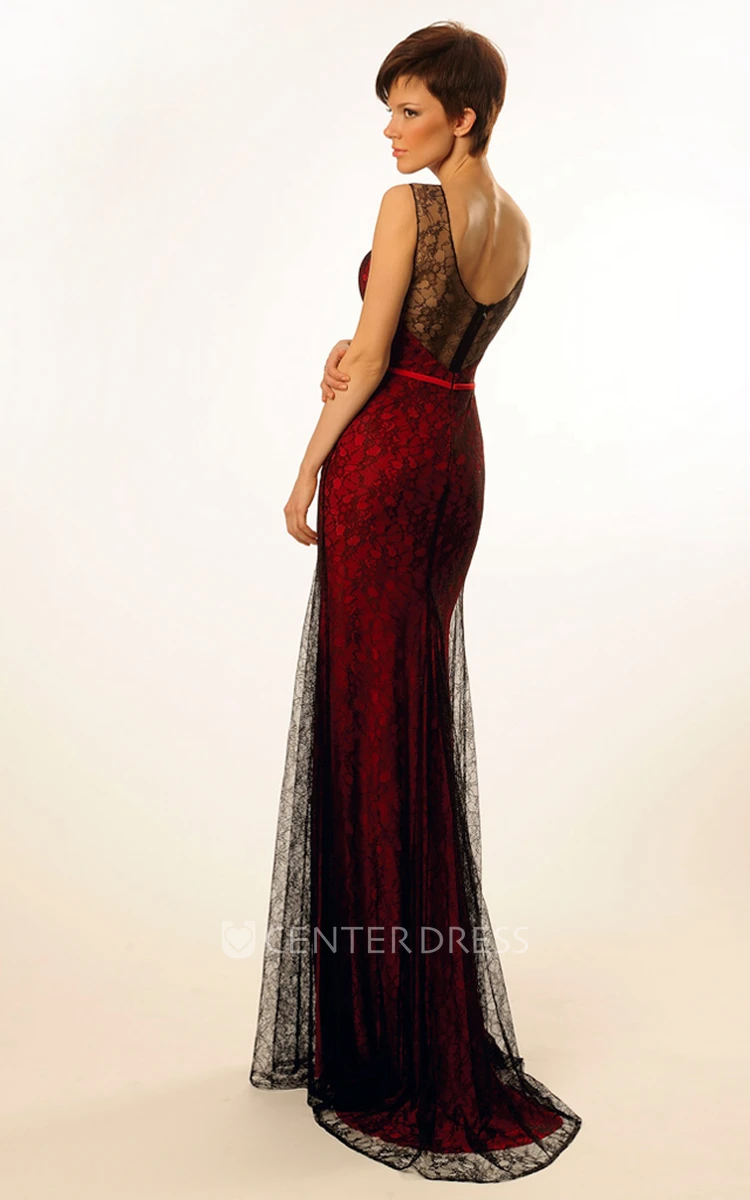 Sheath Appliqued Sleeveless Floor-Length Scoop Lace Prom Dress With Low-V Back And Sweep Train