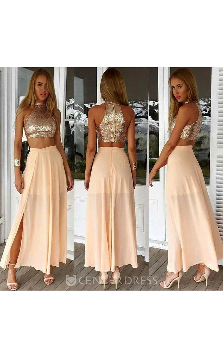 Newest Sequined Two Piece Prom Dress Front Split Floor-length