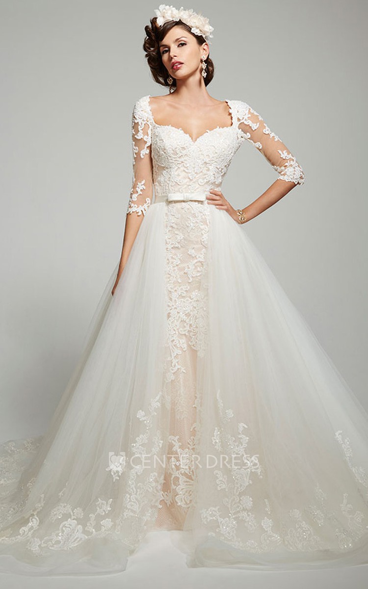 Ball Gown 3 4 Sleeve Square Neck Tulle Lace Wedding Dress With Keyhole