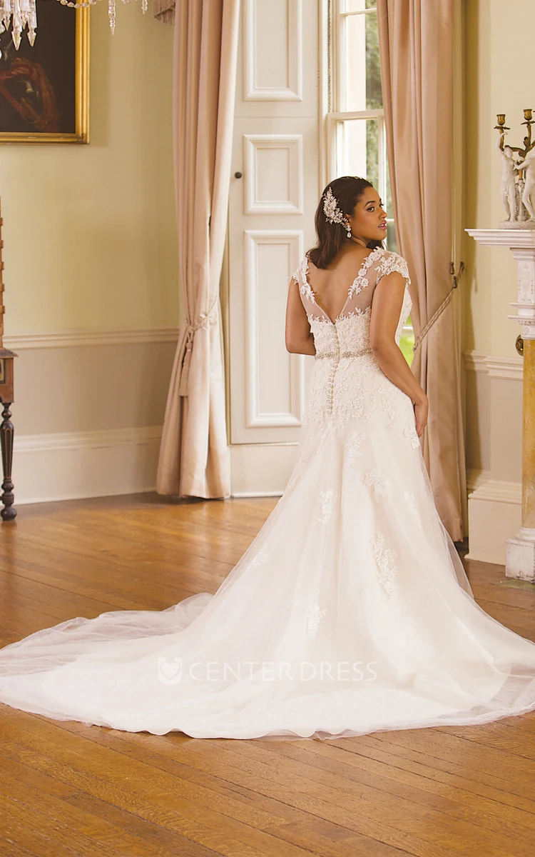 Jeweled Scoop-Neck Cap-Sleeve Lace Plus Size Wedding Dress