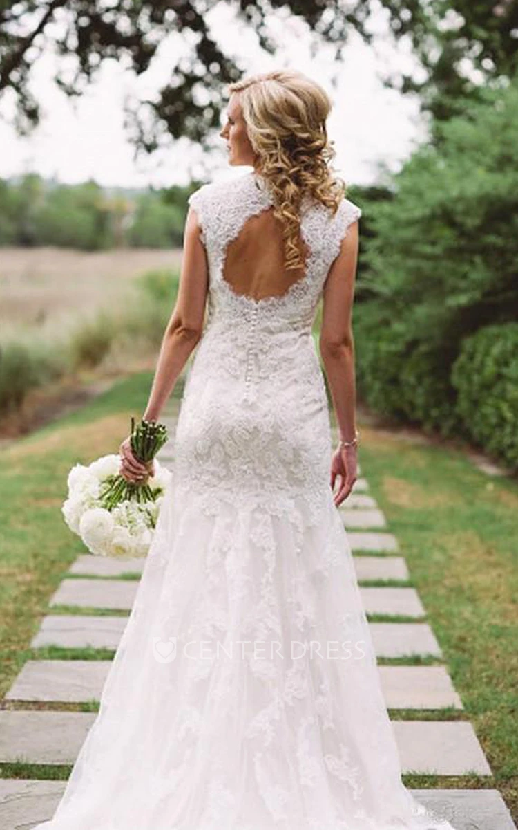 Sheath V-neck Lace Zipper Keyhole Wedding Gown