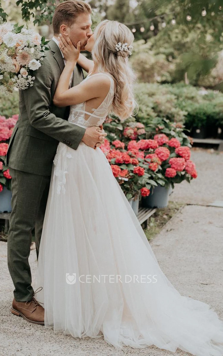 Country V-Neck Illusion Straps Elegant Mesh Floor Length Trailing Wedding Dress