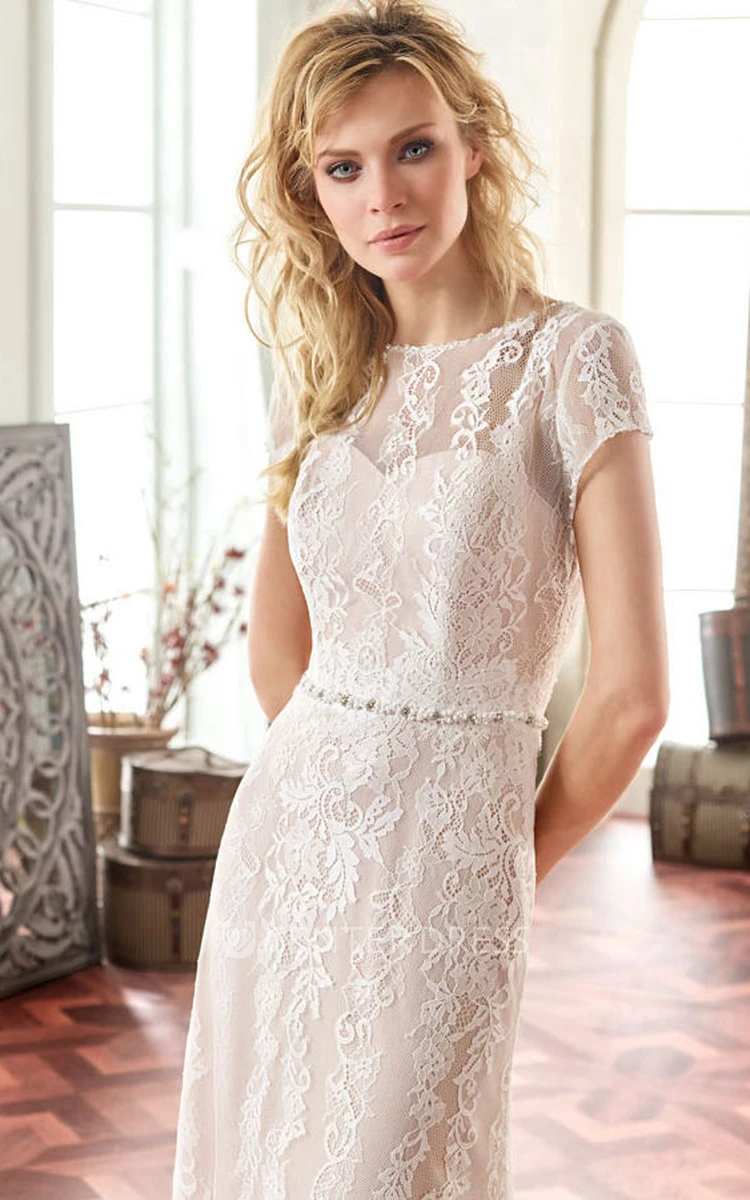Maxi Scoop Cap-Sleeve Jeweled Lace Wedding Dress With Sweep Train And V Back