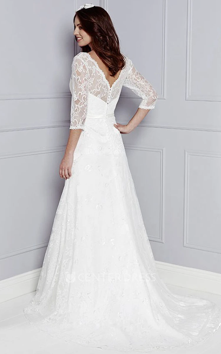 V-Neck Appliqued 3-4-Sleeve Long Lace Wedding Dress