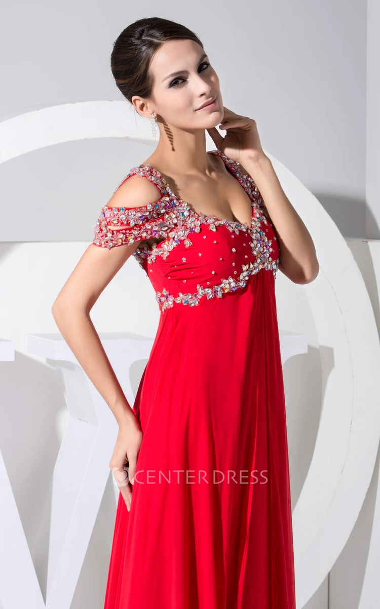 Off Shoulder Empire Chiffon Long Formal Dress With Beading
