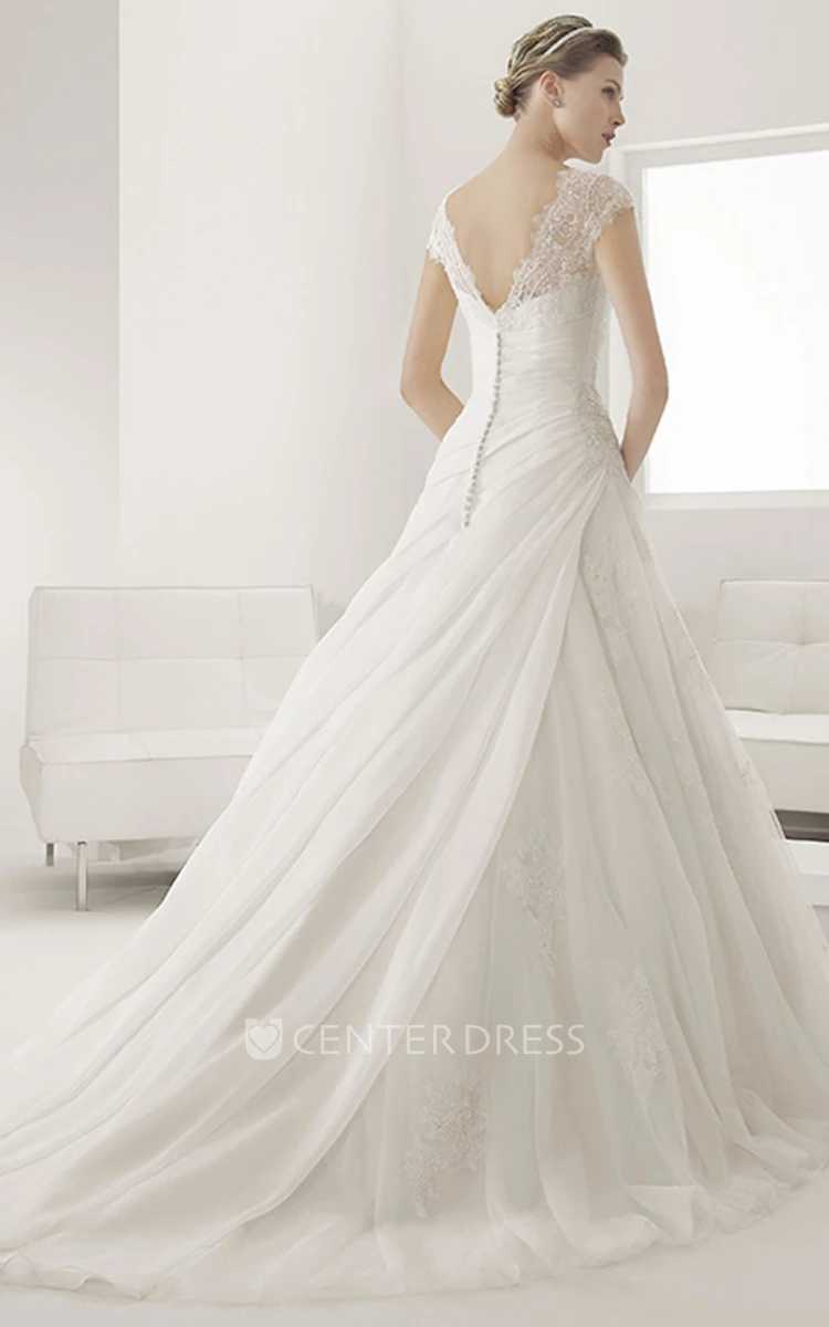 Lace Bateau Neck Cap Sleeve Tulle Bridal Gown With V Back