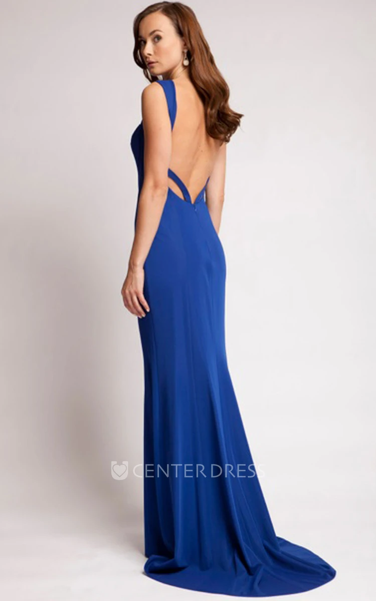 Strapped Sleeveless Jersey Prom Dress With Brush Train