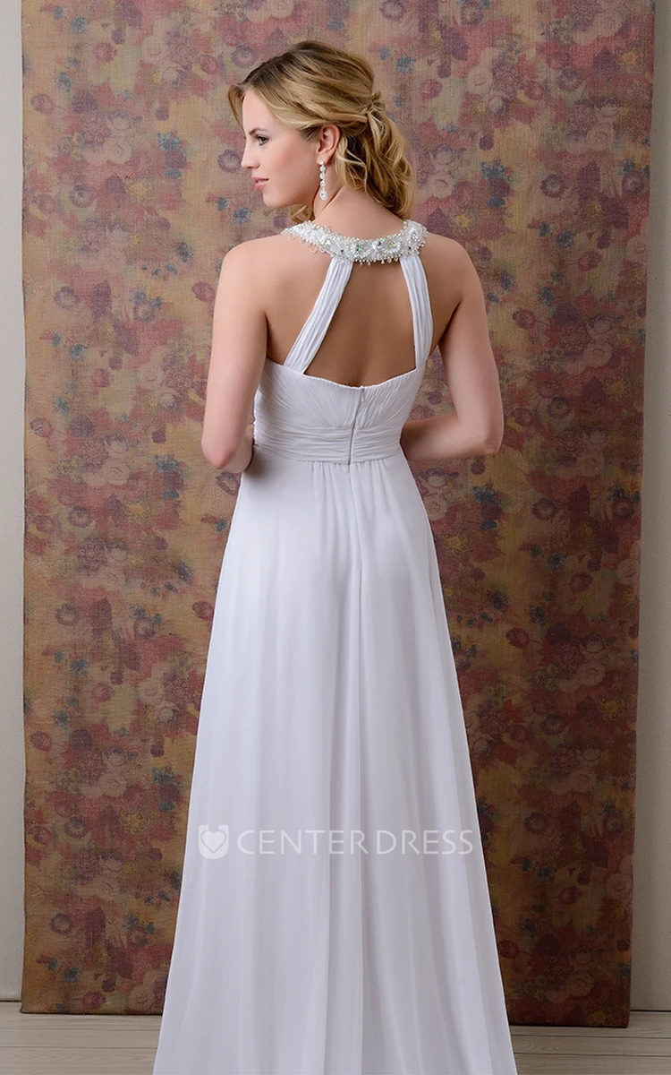 A-Line Chiffon Beaded Neck Wedding Dress With Ruching And Keyhole