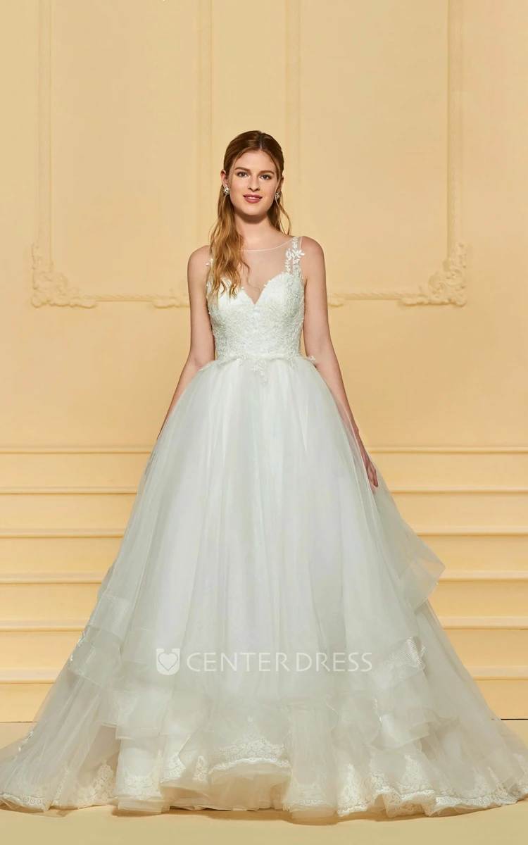 Sleeveless Adorable Ruflled Lace Cute Wedding Dress With Illusion Button Back