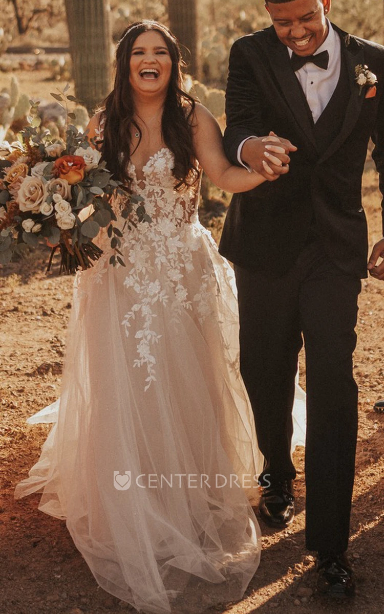 V-Neck Tulle A-Line Wedding Dress with Court Train Elegant Ethereal