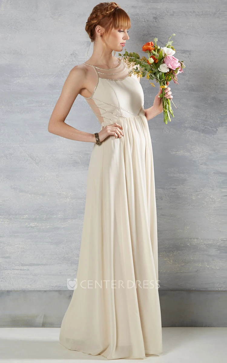 Scoop-Neck Pleated Sleeveless Chiffon Wedding Dress With Beading And Illusion