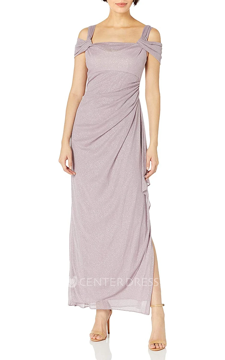 Sequins Ankle-length Off-the-shoulder Sheath Sleeveless Mother Dress With Draping and Split Front