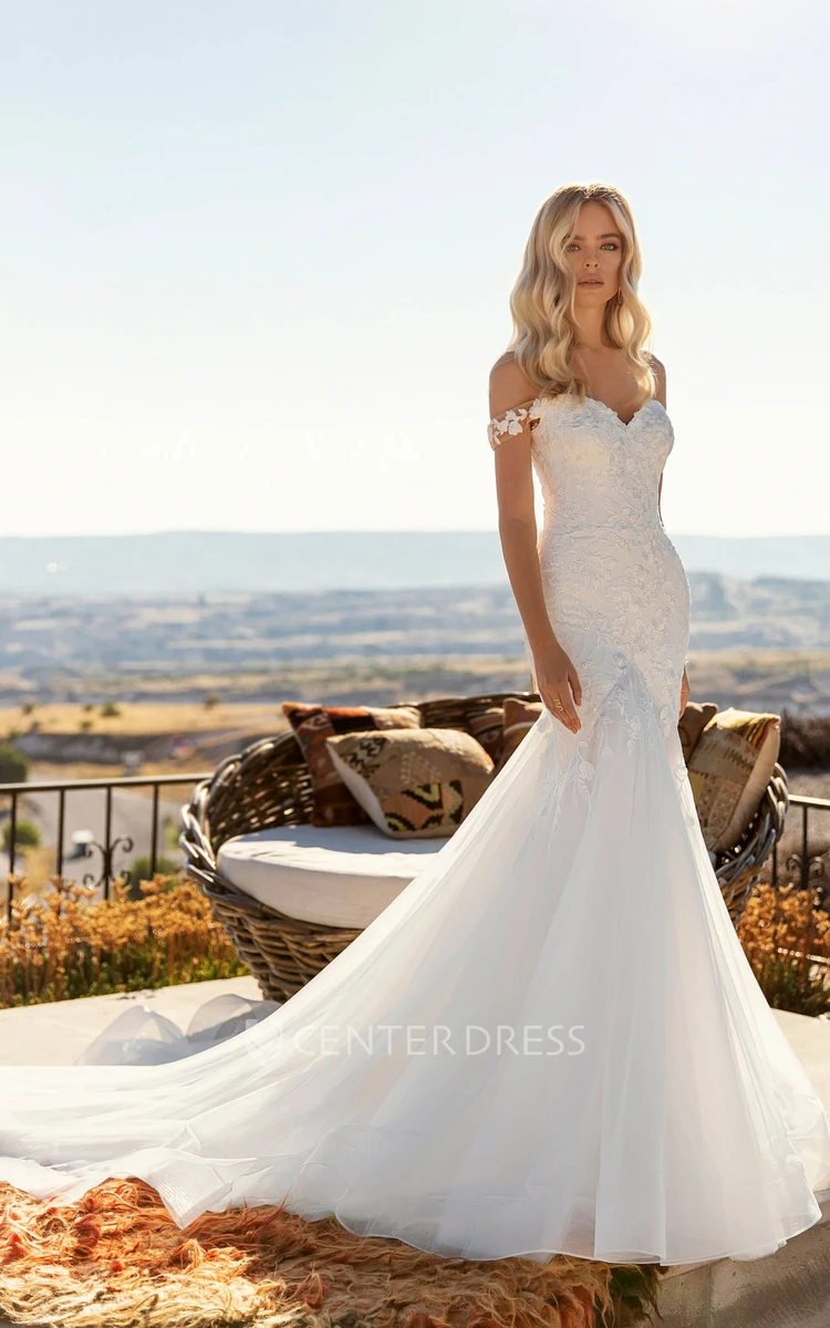 Lace Tulle Corset Back With Chapel Train Off-the-shoulder Sexy Mermaid Bridal  Gown - UCenter Dress