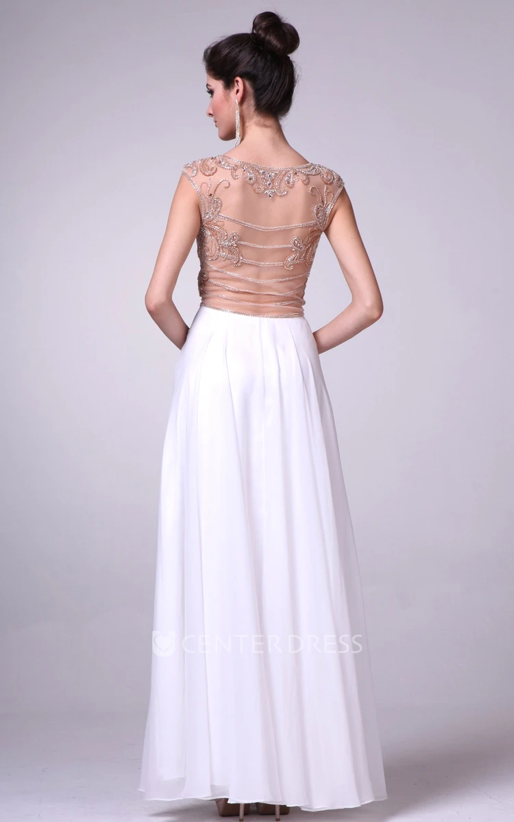 A-Line Ankle-Length Scoop-Neck Cap-Sleeve Illusion Dress With Beading