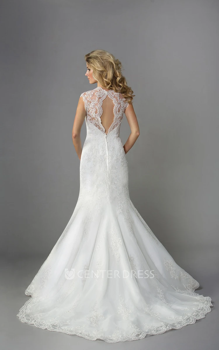V-Neck Cap-Sleeved Mermaid Gown With Keyhole Back And Appliques