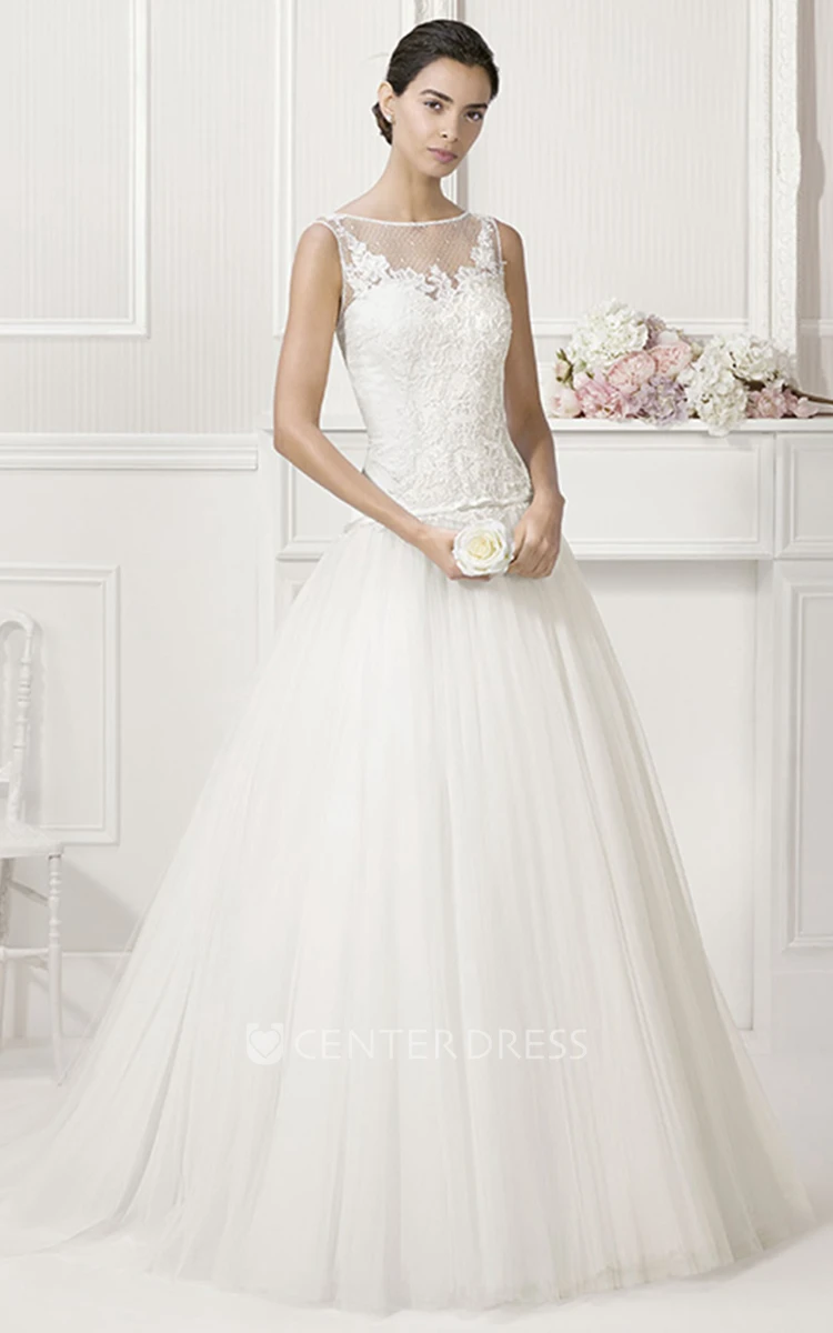Jewel Neckline Tulle Bridal Gown With Appliqued Top And Drop Waist