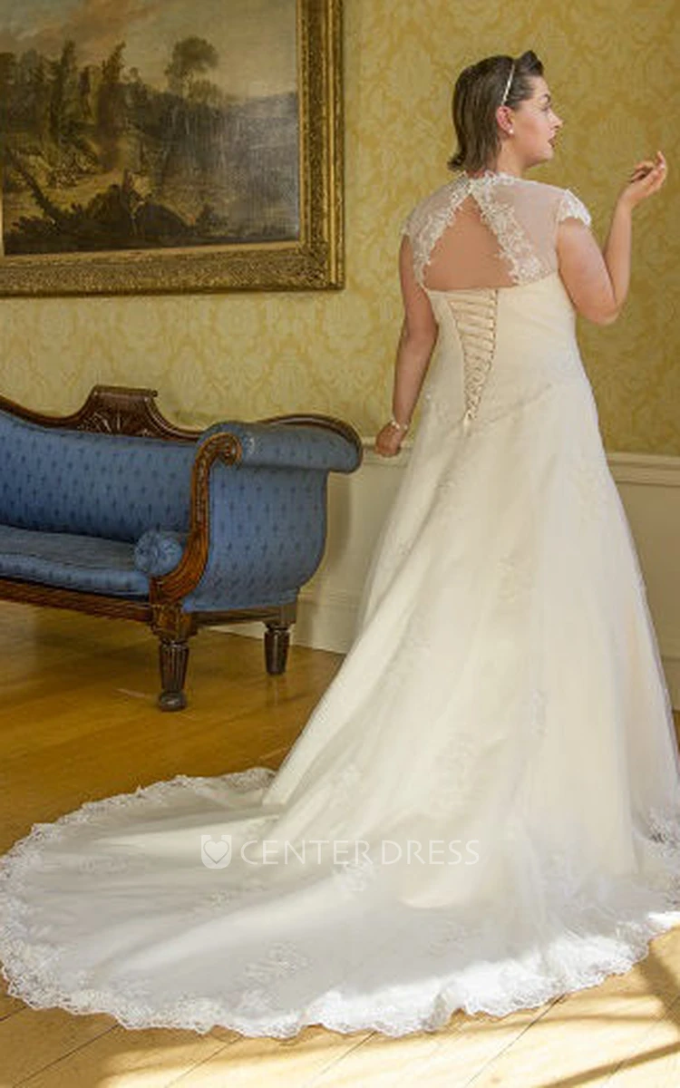Cap Sleeve Lace Bridal Gown With Lace Up And Keyhole