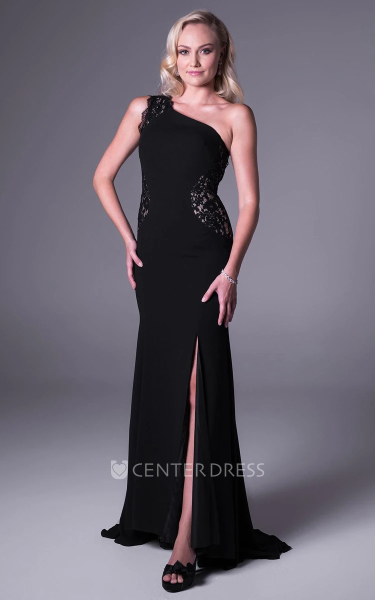 One-Shoulder Long Lace Chiffon Prom Dress With Sweep Train