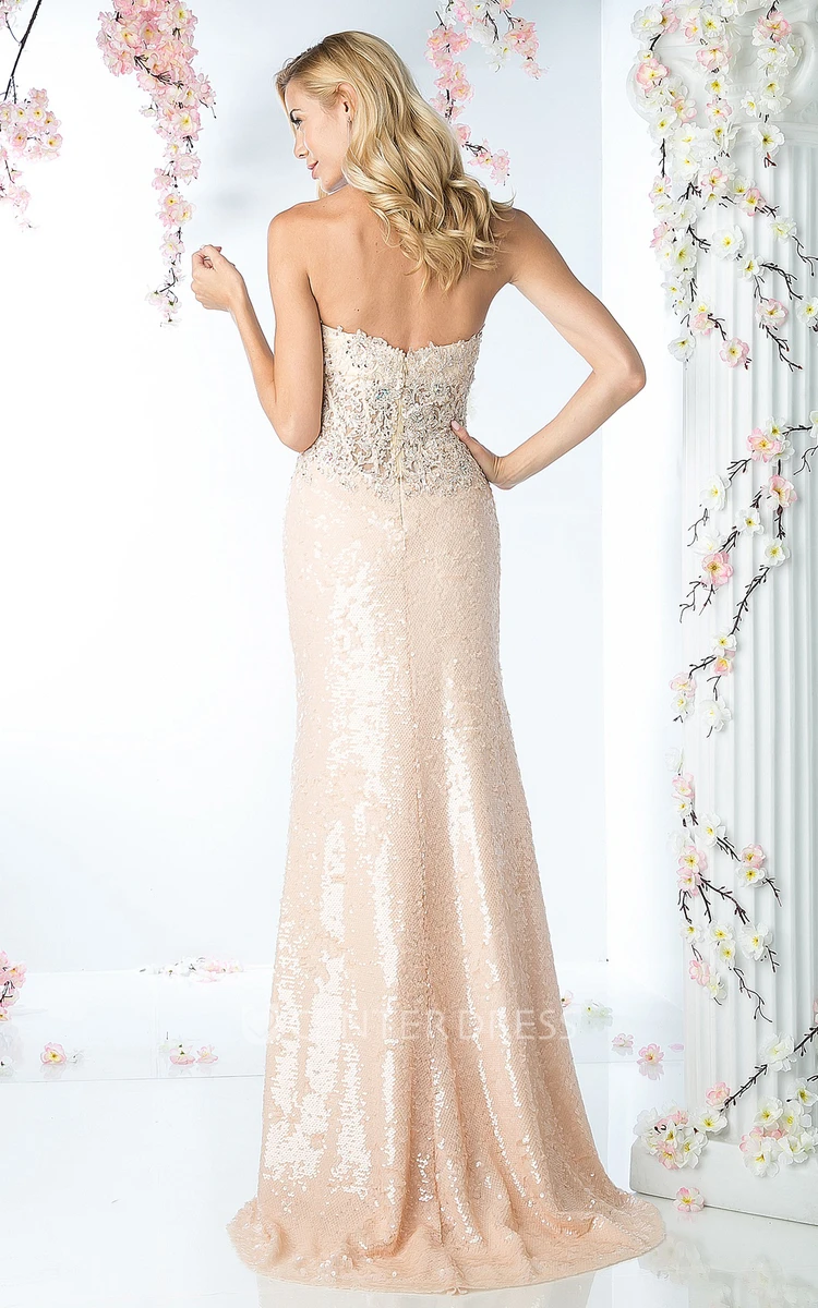 Sheath Maxi Sweetheart Sleeveless Sequins Backless Dress With Appliques