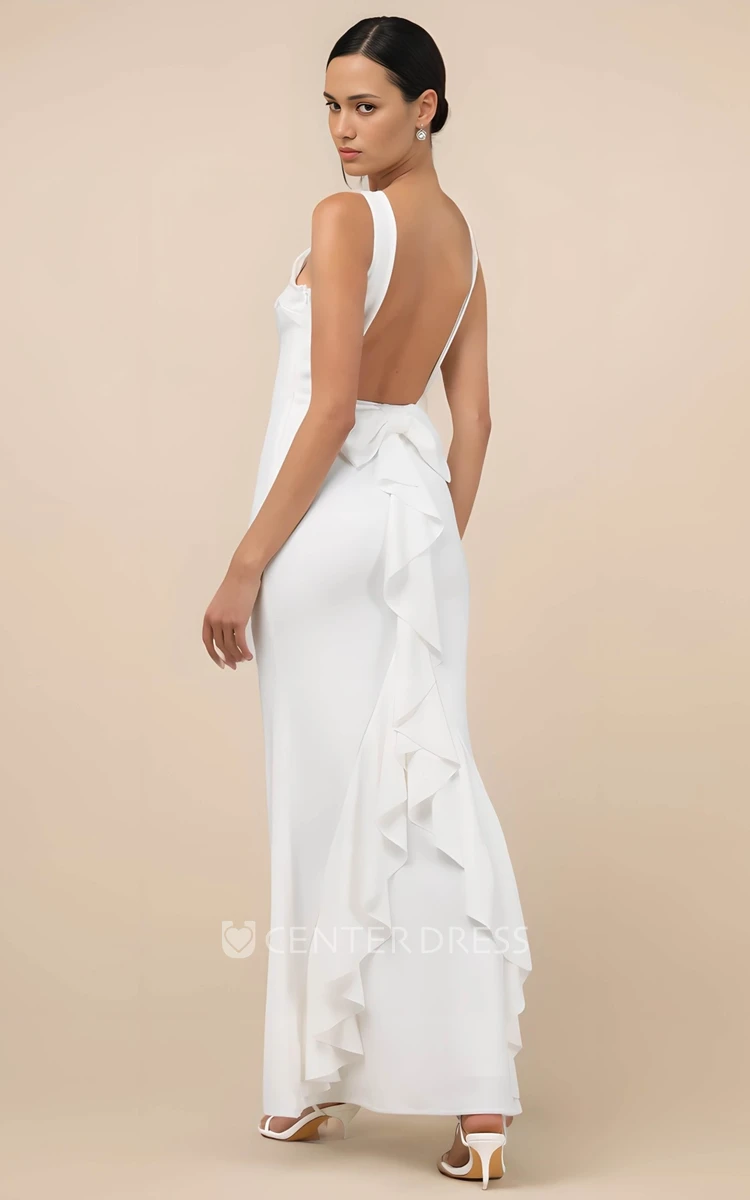 Solid Mermaid Satin Maxi Wedding Dress Minimalist Casual A-Line Backless Bow Ruffled Bridal Gown