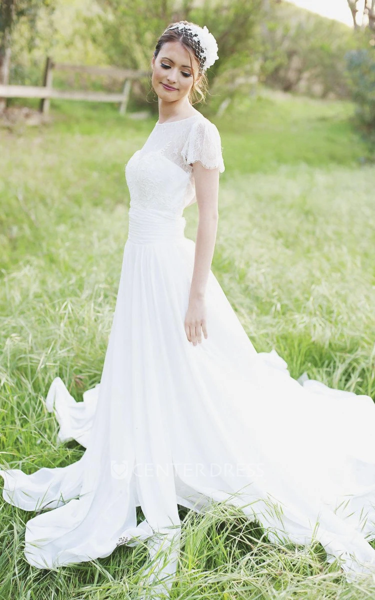 Jewel Short Sleeve Long Chiffon Wedding Dress With Sash And Low-V Back