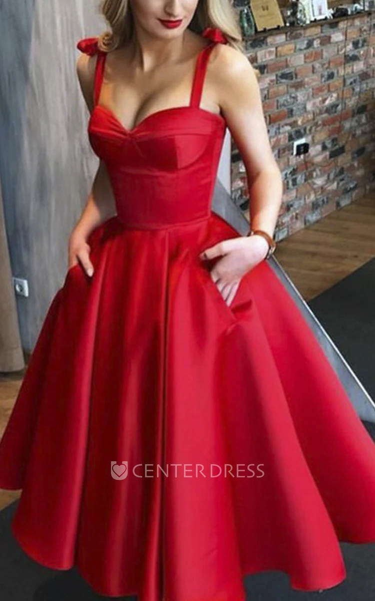 Sexy 1950 Sweetheart Tea-length Dress With Straps And Ruching