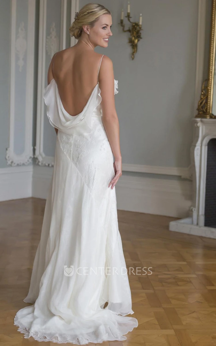 Floor-Length Appliqued Sleeveless Spaghetti Lace Wedding Dress With Draping