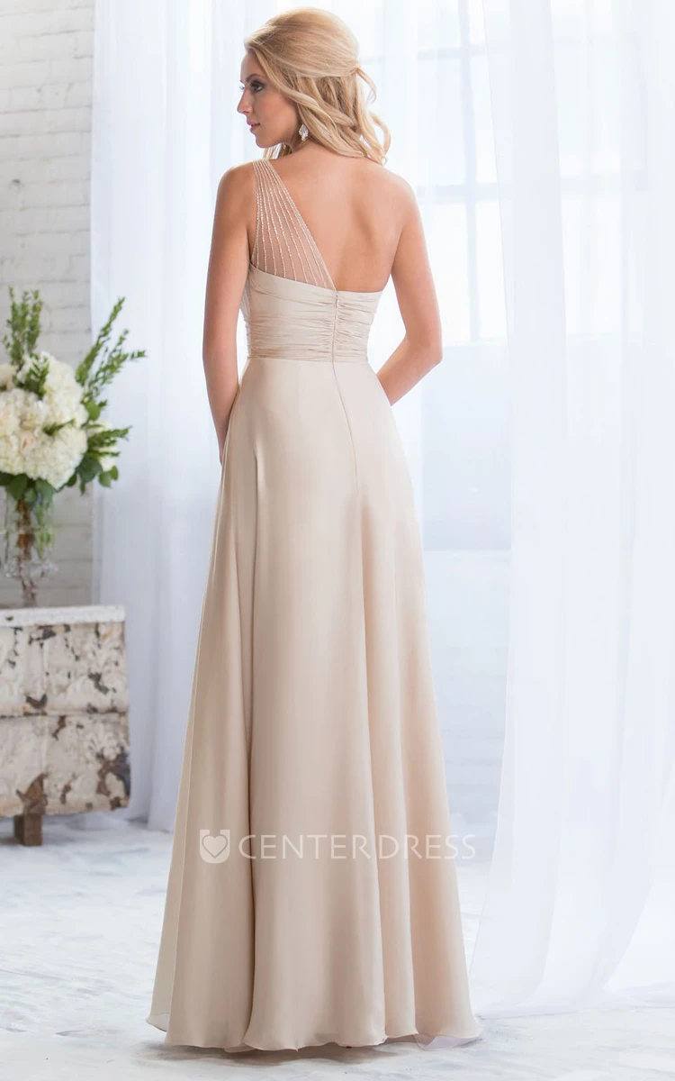 One-Shoulder A-Line Long Bridesmaid Dress With Beadings And Illusion Style